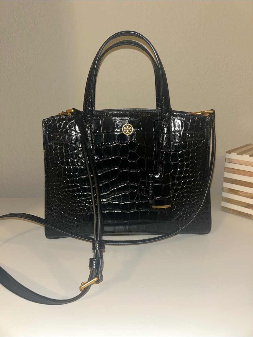Tory Burch Walker Small Black Croc-Embossed Satchel with Gold Hardware